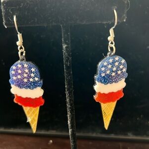 WOODEN RED WHITE BLUE ICE CREAM CONE DANGLE EARRINGS